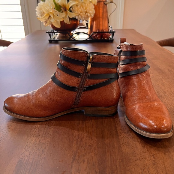 Franco Sarto Cognac Leather Ankle Boots Moto Biker Strap Zip Up Booties Sz 8 - Picture 6 of 9